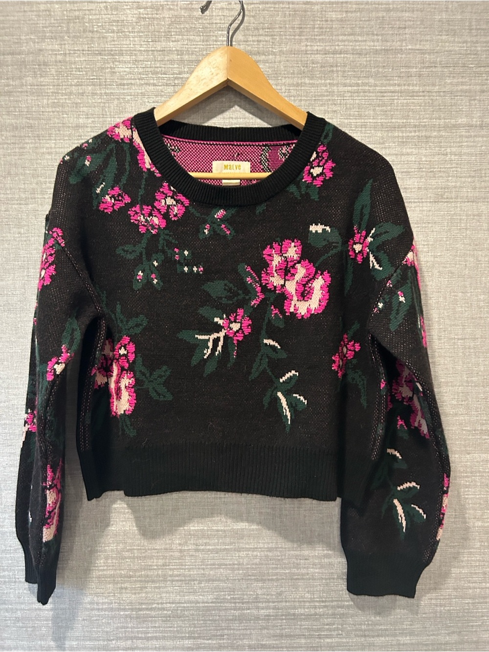 Anthropologie Black Crewneck Sweater with Pink Floral Knit